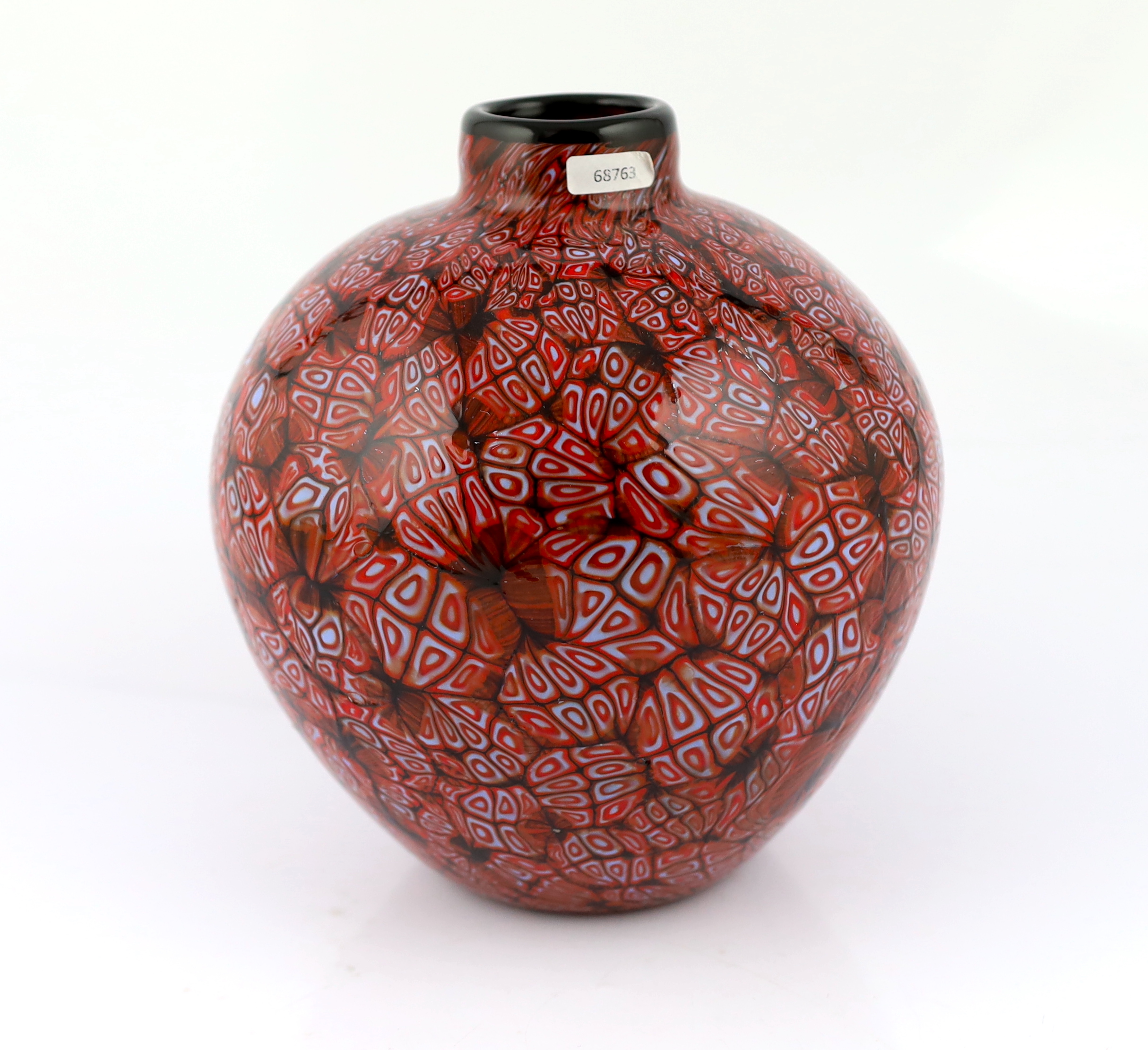 Vittorio Ferro (1932-2012) A Murano glass Murrine ovoid vase, in red, orange and white, unsigned, 21cm, Please note this lot attracts an additional import tax of 20% on the hammer price